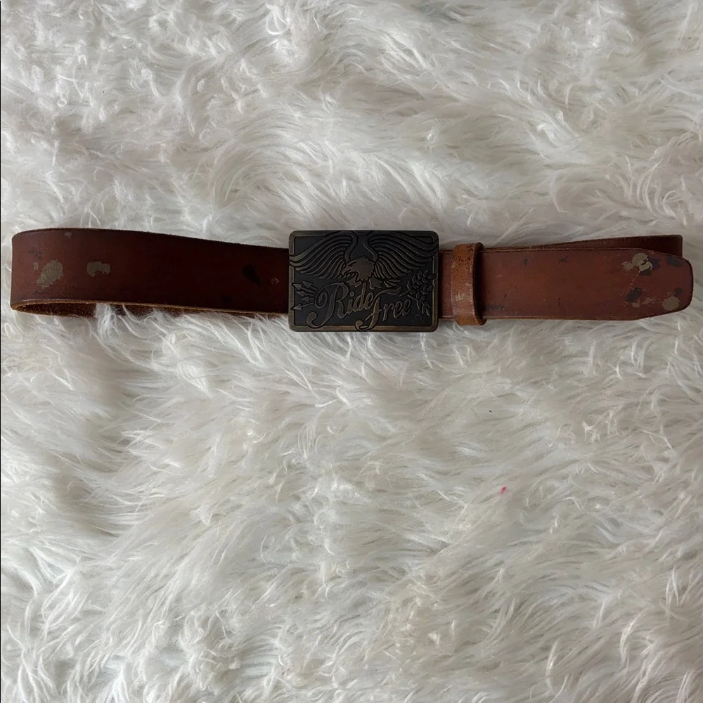 Vintage American Eagle Ride Free Brass Color Buckle & Brown Leather Belt